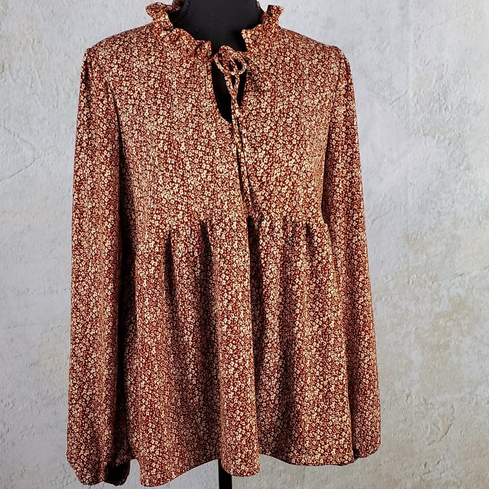 Rust Colored, Floral Baby Doll Top, with Bell Long Sleeve